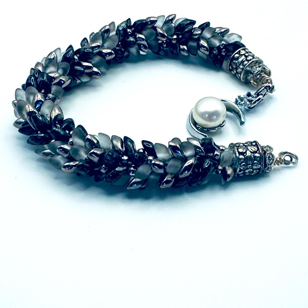 Elegant Black and Silver Kumihimo Bracelet with Detachable Pearl Charm/pendant